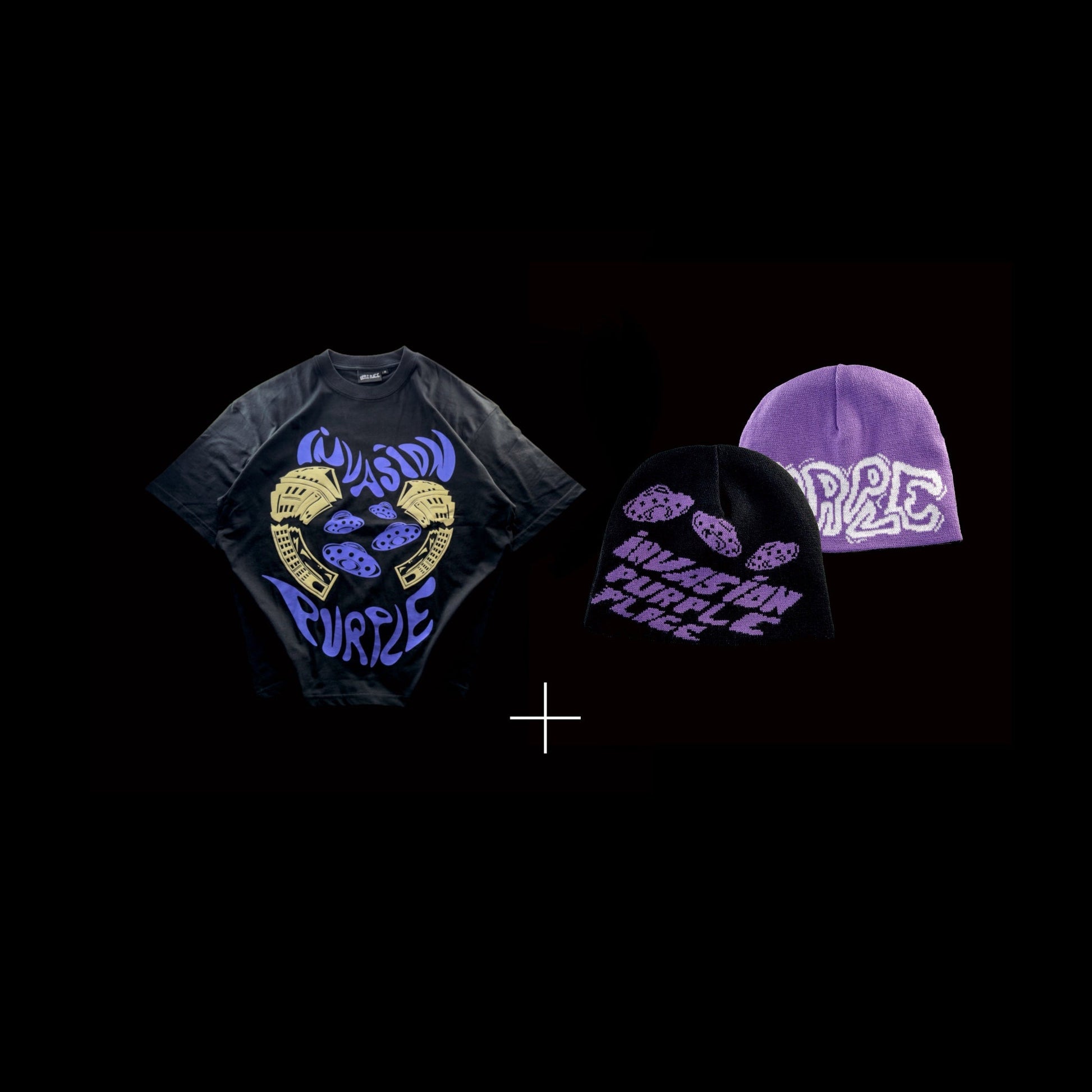 Invasion T-shirt Black & Invasion beanie - Purple Place